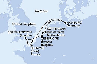 Francie, Velká Británie, Německo, Nizozemsko, Belgie z Le Havru na lodi MSC Euribia