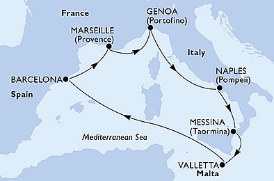 Malta, Španělsko, Francie, Itálie z Valletty na lodi MSC World Europa