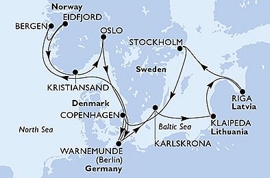Dánsko, Německo, Norsko, Švédsko, Litva, Lotyšsko z Kodaně na lodi MSC Poesia
