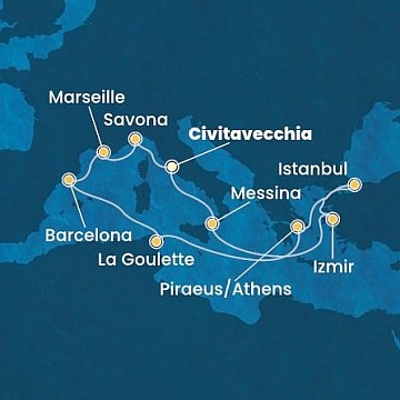 Itálie, Turecko, Řecko, Tunisko, Španělsko, Francie z Civitavecchia na lodi Costa Fortuna