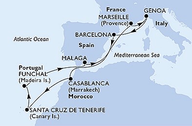 Portugalsko, Španělsko, Francie, Itálie, Maroko z Funchalu na lodi MSC Divina