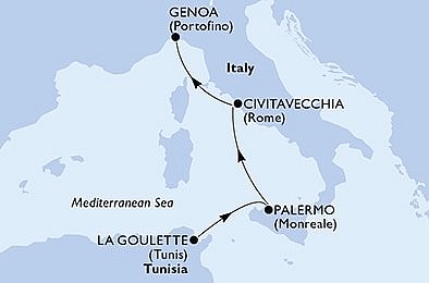 Tunisko, Itálie z La Goulette na lodi MSC Grandiosa