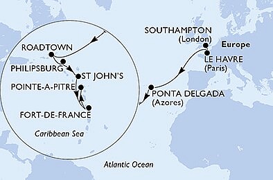 Velká Británie, Francie, Portugalsko, Britské Panenské ostrovy, Svatý Martin, Antigua a Barbuda, ... ze Southamptonu na lodi MSC Virtuosa