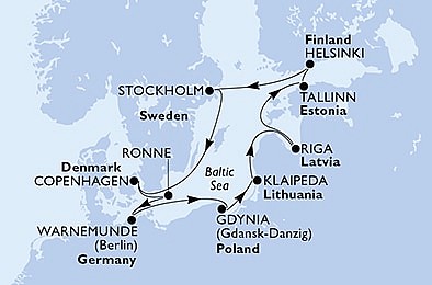 Německo, Polsko, Litva, Lotyšsko, Estonsko, Finsko, Švédsko, Dánsko z Warnemünde na lodi MSC Poesia, plavba s bonusem