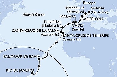 Itálie, Francie, Španělsko, Portugalsko, Brazílie z Janova na lodi MSC Lirica