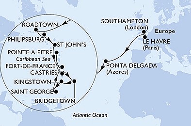 Velká Británie, Francie, Portugalsko, Britské Panenské ostrovy, Svatý Martin, ... ze Southamptonu na lodi MSC Virtuosa
