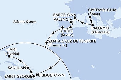 Itálie, Španělsko, Barbados, Grenada, USA z Civitavecchia na lodi MSC Seaside