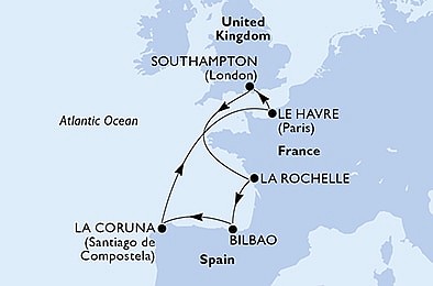 Velká Británie, Francie, Španělsko ze Southamptonu na lodi MSC Virtuosa, plavba s bonusem