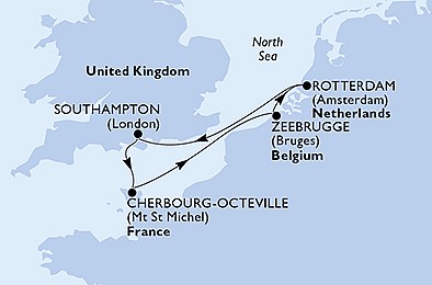 Velká Británie, Francie, Belgie, Nizozemsko ze Southamptonu na lodi MSC Virtuosa