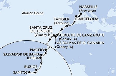 Francie, Španělsko, Maroko, Brazílie z Marseille na lodi MSC Orchestra