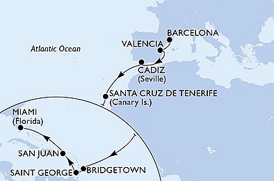 Španělsko, Barbados, Grenada, USA z Barcelony na lodi MSC Seaside, plavba s bonusem