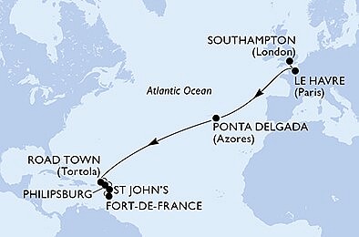 Velká Británie, Francie, Portugalsko, Britské Panenské ostrovy, Antigua a Barbuda, Martinik ze Southamptonu na lodi MSC Virtuosa, plavba s bonusem