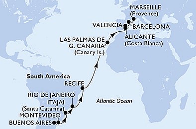 Argentina, Uruguay, Brazílie, Španělsko, Francie z Buenos Aires na lodi MSC Musica