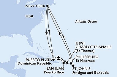 USA - Východní pobřeží, Dominikánská republika, USA, Svatý Martin, Antigua a Barbuda z New Yorku na lodi MSC Meraviglia