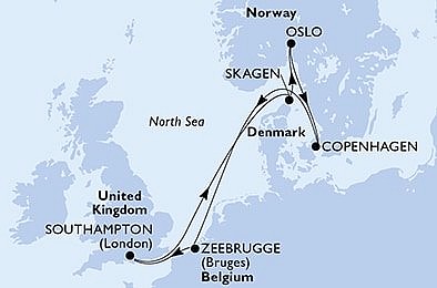 Velká Británie, Dánsko, Norsko, Belgie ze Southamptonu na lodi MSC Virtuosa, plavba s bonusem