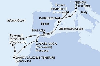 Itálie, Španělsko, Maroko, Portugalsko, Francie z Janova na lodi MSC Poesia, plavba s bonusem