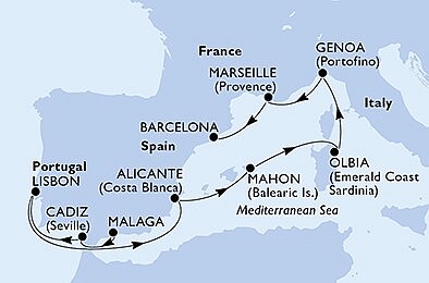 Španělsko, Portugalsko, Itálie, Francie z Málagy na lodi MSC Orchestra, plavba s bonusem