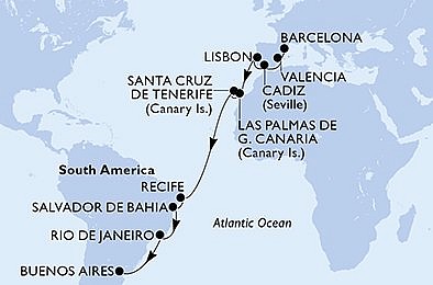Španělsko, Portugalsko, Brazílie, Argentina z Barcelony na lodi MSC Poesia