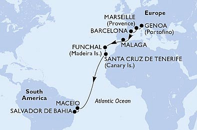 Itálie, Francie, Španělsko, Portugalsko, Brazílie z Janova na lodi MSC Grandiosa, plavba s bonusem