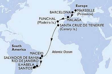 Francie, Španělsko, Portugalsko, Brazílie z Marseille na lodi MSC Grandiosa, plavba s bonusem