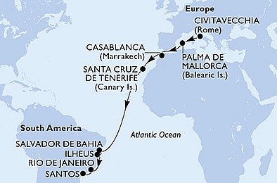 Itálie, Španělsko, Maroko, Brazílie z Civitavecchia na lodi MSC Seaview, plavba s bonusem