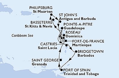 Barbados, Trinidad a Tobago, Grenada, Martinik, Guadeloupe, Svatý Kryštof a Nevis, Dominika, Svatá Lucie z Bridgetownu na lodi MSC Seaside
