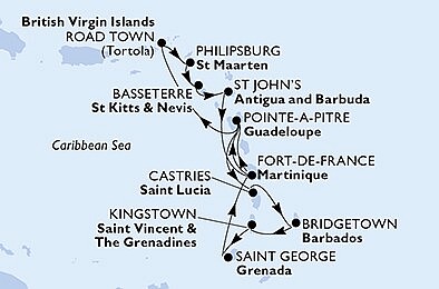 Martinik, Guadeloupe, Svatá Lucie, Barbados, Britské Panenské ostrovy, Antigua a Barbuda z Fort-de-France, Martinik na lodi MSC Virtuosa