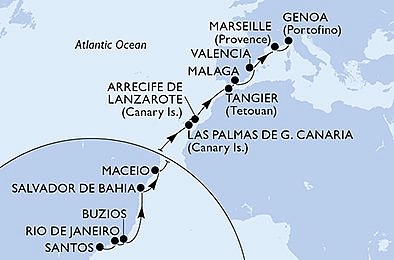 Brazílie, Španělsko, Maroko, Francie, Itálie ze Santosu na lodi MSC Grandiosa