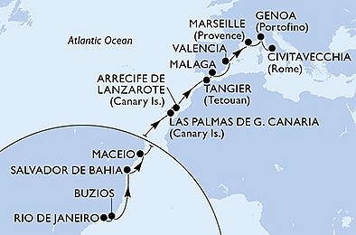 Brazílie, Španělsko, Maroko, Francie, Itálie z Rio de Janeira na lodi MSC Grandiosa