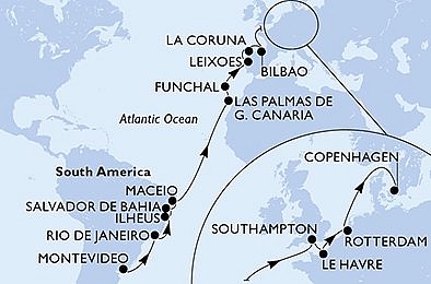 Uruguay, Brazílie, Španělsko, Portugalsko, Velká Británie, Francie, Nizozemsko, Dánsko z Montevidea na lodi MSC Poesia