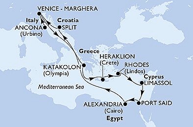 Itálie, Řecko, Kypr, Egypt, Chorvatsko z Ancony na lodi MSC Lirica