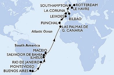 Argentina, Uruguay, Brazílie, Španělsko, Portugalsko, Velká Británie, Francie, Nizozemsko z Buenos Aires na lodi MSC Poesia, plavba s bonusem