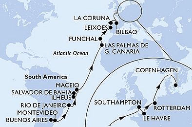 Argentina, Uruguay, Brazílie, Španělsko, Portugalsko, Velká Británie, Francie, Nizozemsko, Dánsko z Buenos Aires na lodi MSC Poesia, plavba s bonusem