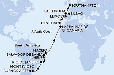 Argentina, Uruguay, Brazílie, Španělsko, Portugalsko, Velká Británie z Buenos Aires na lodi MSC Poesia
