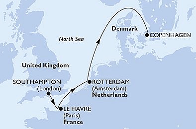 Velká Británie, Francie, Nizozemsko, Dánsko ze Southamptonu na lodi MSC Poesia, plavba s bonusem