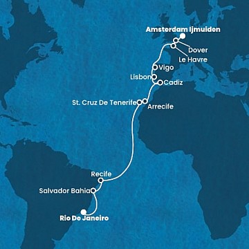Brazílie, Španělsko, Portugalsko, Francie, Velká Británie, Nizozemsko z Rio de Janeira na lodi Costa Favolosa