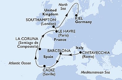 Itálie, Španělsko, Francie, Velká Británie, Německo z Civitavecchia na lodi MSC Euribia, plavba s bonusem