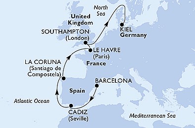 Španělsko, Francie, Velká Británie, Německo z Barcelony na lodi MSC Euribia