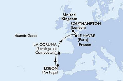 Portugalsko, Španělsko, Francie, Velká Británie z Lisabonu na lodi MSC Virtuosa, plavba s bonusem