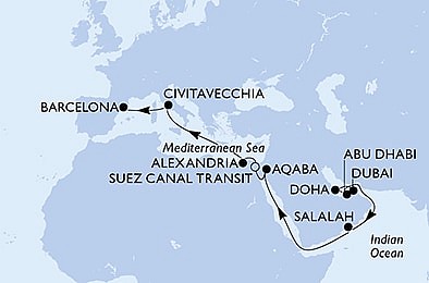 Spojené arabské emiráty, Katar, Omán, Jordánsko, Egypt, Itálie, Španělsko z Dubaje na lodi MSC Euribia