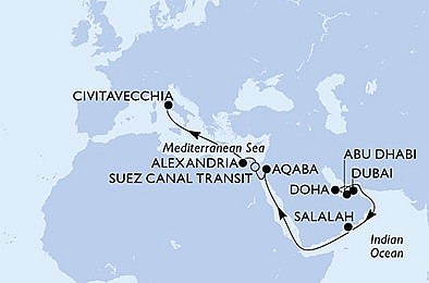 Spojené arabské emiráty, Katar, Omán, Jordánsko, Egypt, Itálie z Dubaje na lodi MSC Euribia, plavba s bonusem