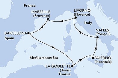 Španělsko, Tunisko, Itálie, Francie z Barcelony na lodi MSC Seaside