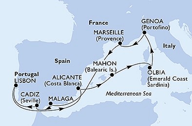 Španělsko, Portugalsko, Itálie, Francie z Málagy na lodi MSC Musica, plavba s bonusem