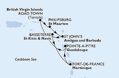 Martinik, Guadeloupe, Britské Panenské ostrovy, Antigua a Barbuda, Svatý Kryštof a Nevis z Fort-de-France, Martinik na lodi MSC Virtuosa