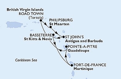 Guadeloupe, Britské Panenské ostrovy, Martinik z Pointe-?-Pitre, Guadeloupe na lodi MSC Virtuosa, plavba s bonusem