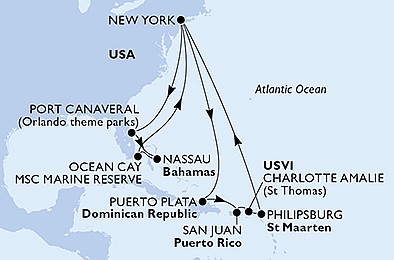 USA, Dominikánská republika, Svatý Martin, Bahamy z New Yorku na lodi MSC Meraviglia, plavba s bonusem
