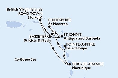 Martinik, Guadeloupe, Svatý Martin, Britské Panenské ostrovy z Fort-de-France, Martinik na lodi MSC Virtuosa, plavba s bonusem