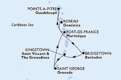Martinik, Guadeloupe, Dominika, Barbados, Svatý Vincenc a Grenadiny, Grenada z Fort-de-France, Martinik na lodi MSC Virtuosa