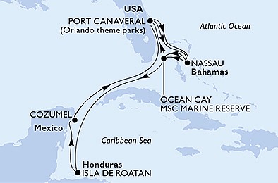 USA, Bahamy, Honduras, Mexiko z Port Canaveralu na lodi MSC Seashore