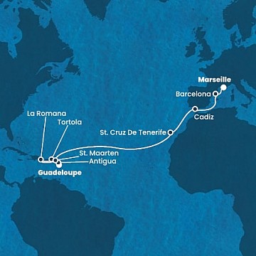 Guadeloupe, Antigua a Barbuda, Britské Panenské ostrovy, Španělsko, Francie z Pointe-?-Pitre, Guadeloupe na lodi Costa Fascinosa